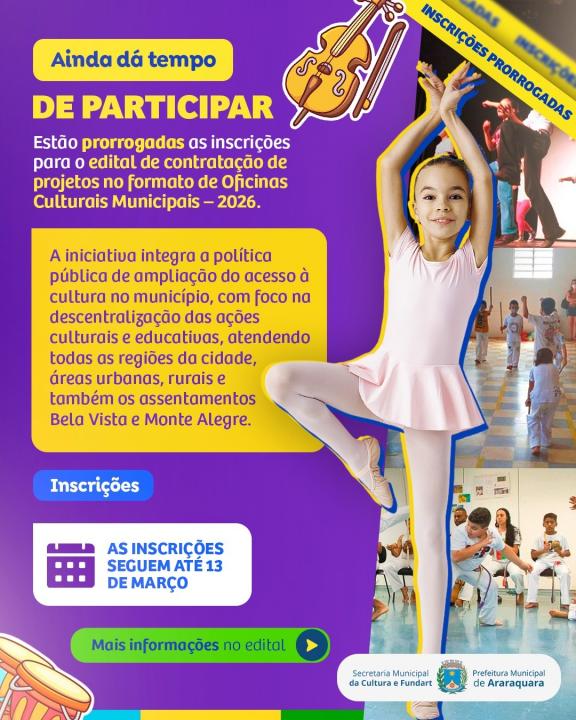 Foto 1 de 1 — Inscrições para Oficinas Culturais são prorrogadas e abrem 4 mil vagas em Araraquara